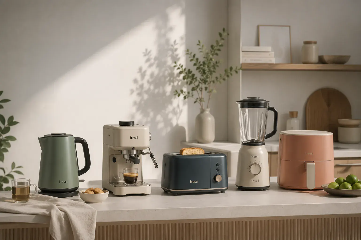Fressi yeşil kettle, espresso makinesi, tost makinesi, blender ve airfryer mutfak tezgahında