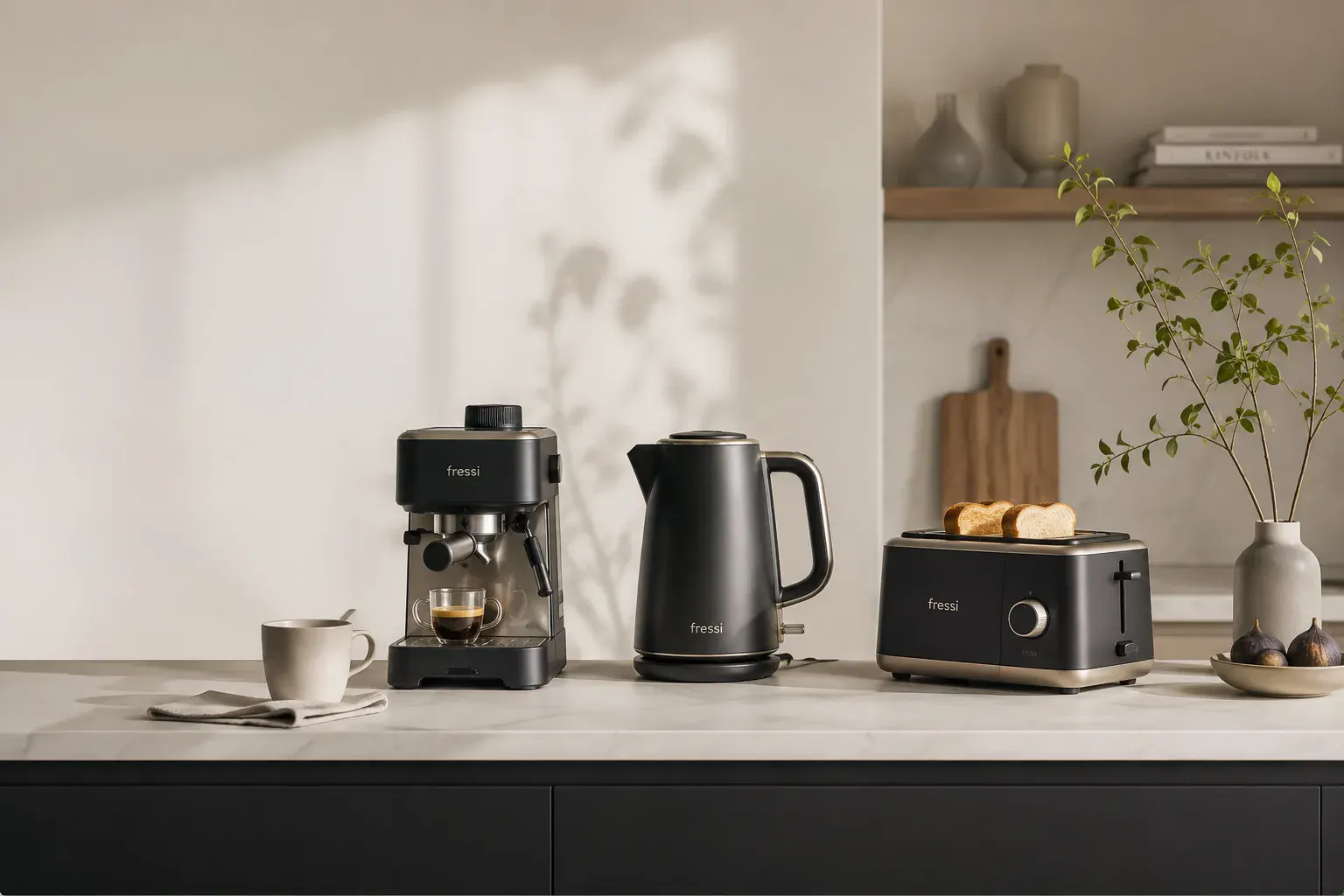 Fressi kahve makinesi, kettle ve ekmek kızartma makinesi mutfak tezgahında